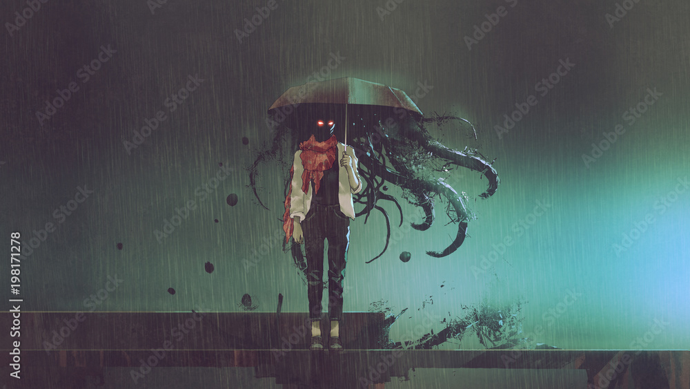 horror concept of mystery woman holding the umbrella with black tentacles inside in the rainy night, digital art style, illustration. - obrazy, fototapety, plakaty 