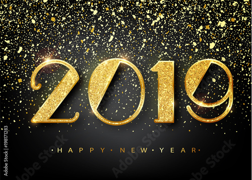 2019 Happy new year. Gold Numbers Design of greeting card. Gold Shining Pattern. Happy New Year Banner with 2019 Numbers on Bright Background. Vector illustration.