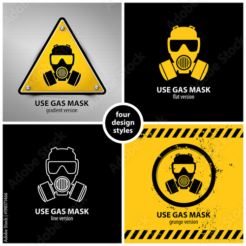 set of gas mask symbols containing four unique design elements in different variations: gradient, flat, line and grunge style, eps10 vector illustration