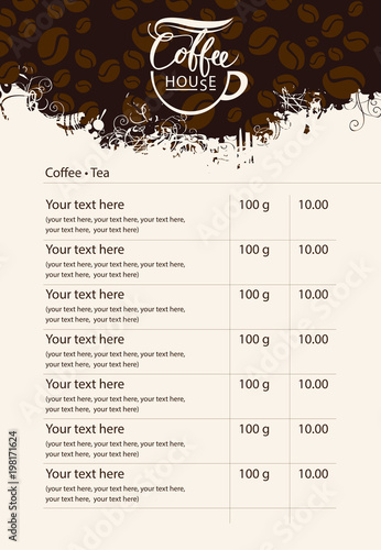 Vector menu price list for coffee house with cup of coffee on abstract background with coffee beans pattern