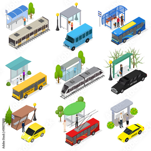 Different Types City Public Transport 3d Icons Set Isometric View. Vector