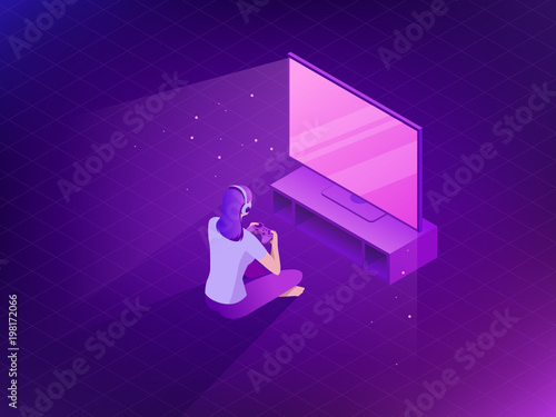 Young girl playing video games. Vector flat game illustration