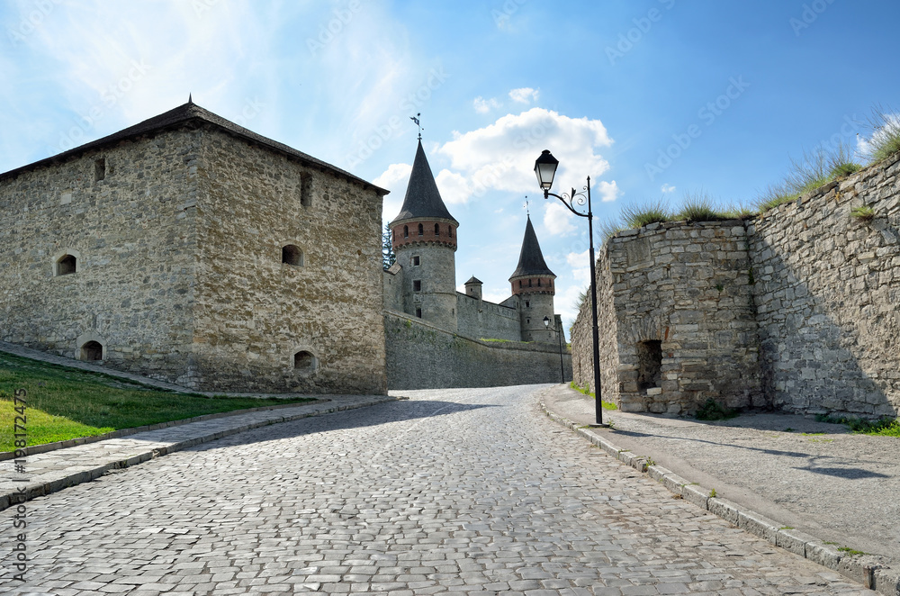 Cobbled road against the backdrop of an old castle