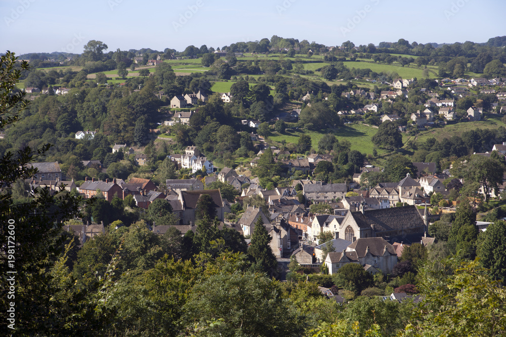 The view over Nailsworth town nestled in its valley on the edge of the Cotswolds, Gloucestershire, UK