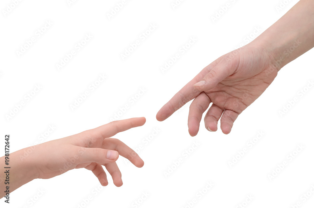 Hands connecting two people isolated on white background