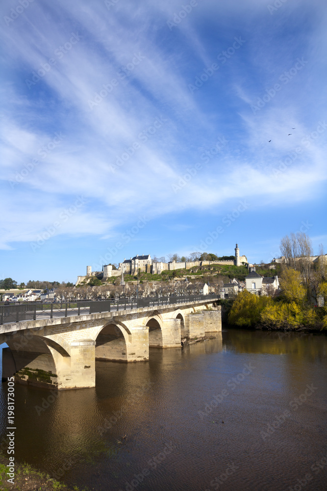 Chinon town and chateau seen beyond the bridge over the Vienne Rive, Indre-et-Loire, France