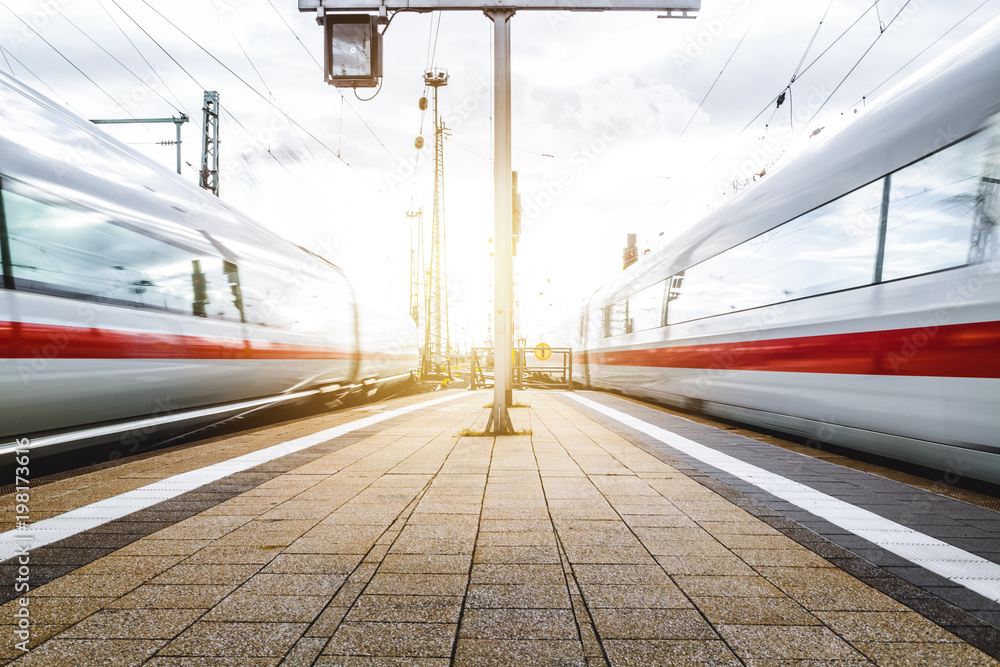 Fototapeta premium Pociągi odjeżdżają ze stacji we Frankfurcie