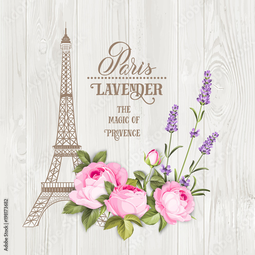 Eiffel tower icon with spring blooming flowers over gray wooden pattern. Vector illustration.