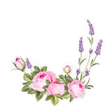 Spring flowers bouquet of color bud garland. Label of lavender with rose flowers. Vector illustration.