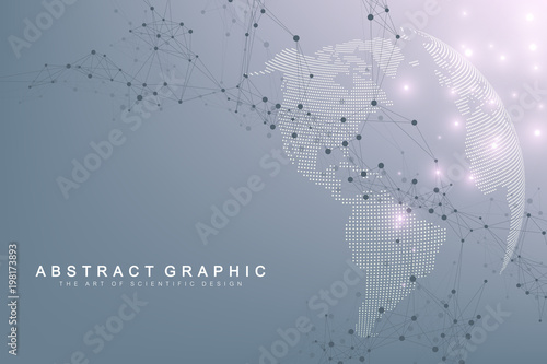 Big data complex world globe. Graphic abstract background communication. Perspective backdrop of depth. Virtual minimal array with compounds. Digital data visualization. Vector illustration Big data.