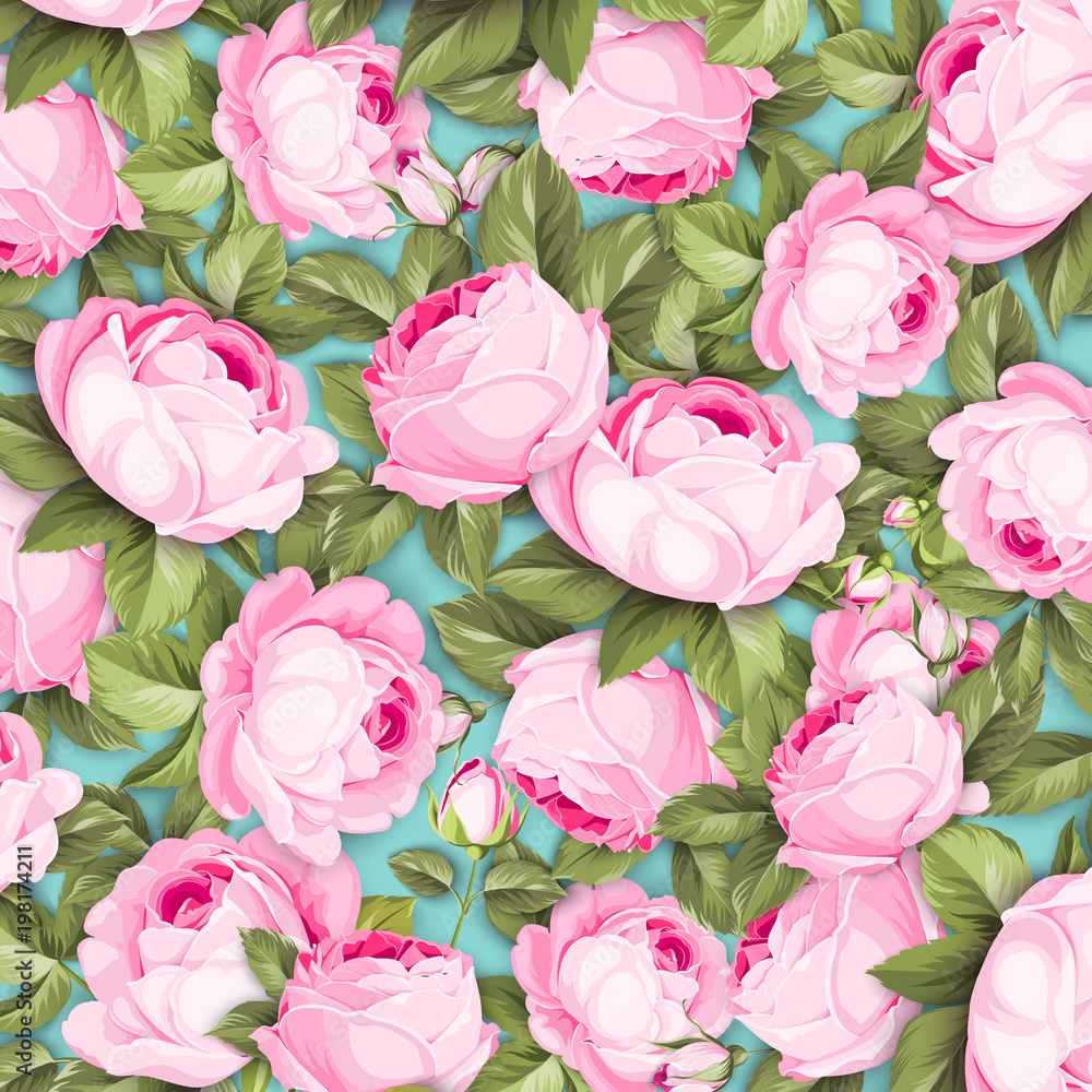 The Rose seamless background. Red Roses flowers on wallpaper, seamless pattern template. Vector illustration. The Rose seamless background. Red Roses flowers on wallpaper, seamless pattern template. Vector illustration.