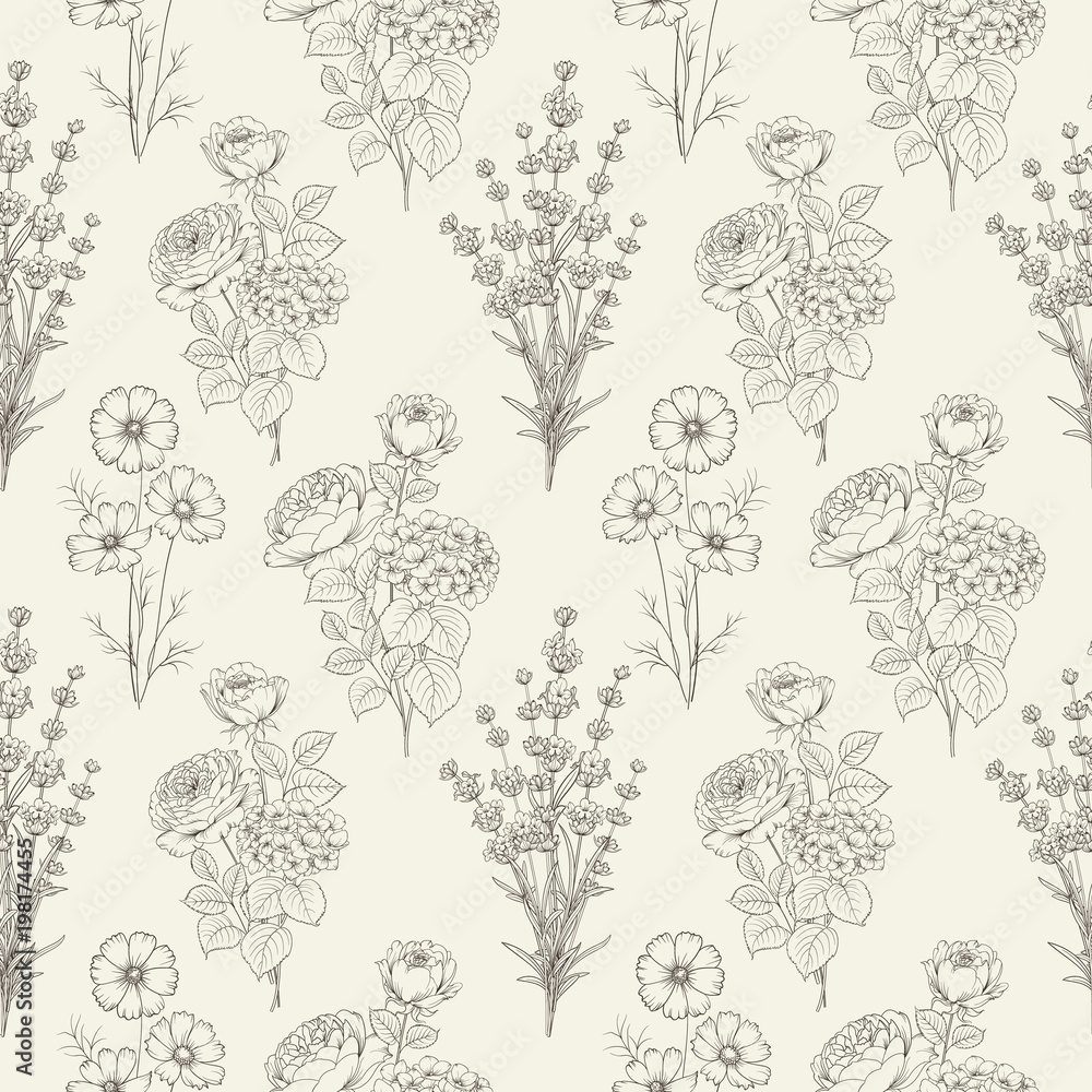 Seamless black and white flower pattern for fabric design. Vector illustration.