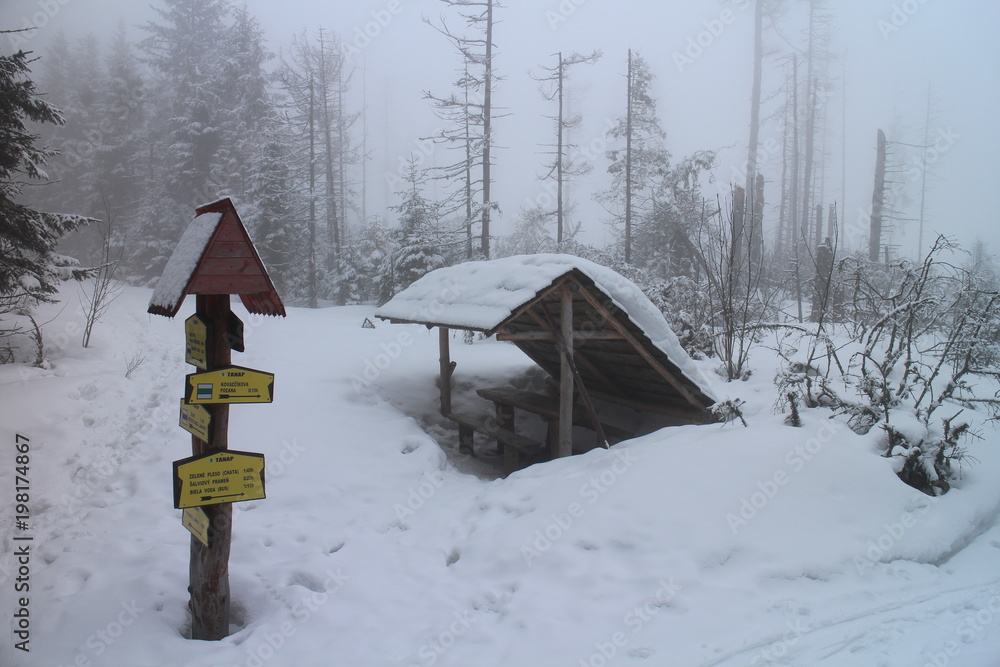 Signpost with shelter in Dolina Zeleného plesa in High Tatras, Slovakia Signpost with shelter in Dolina Zeleného plesa in High Tatras, Slovakia