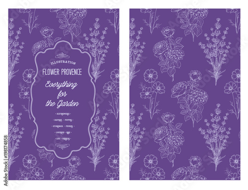 Book cover design. Wild flowers card. Vintage pattern of gray lines over violet design. Vector illustration.