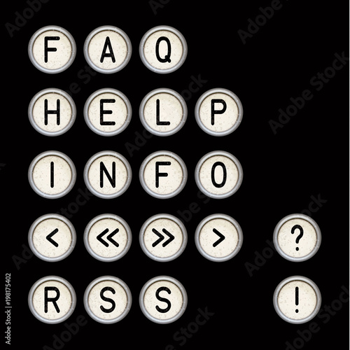 Vector black set vintage typewriter buttons - FAQ, HELP, INFO, RSS etc. Letters old typewriter keys. Antique labels communication. Use for web page, www site, forms, e-shops. Eps 10 vector file.