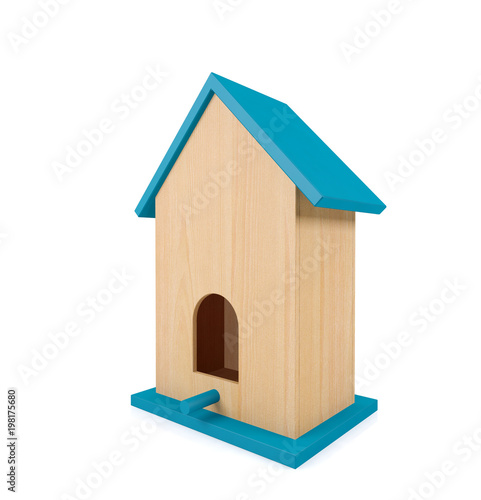 Wooden birdhouse with blue roof isolated on white background, 3D rendering 