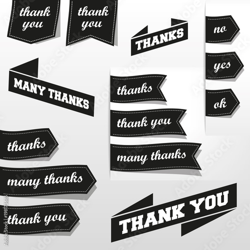 Vector set "Thank you", "Many thanks", "Thanks", "Ok", "Yes", "No" black labels/cards. Use for etc. retro, vintage or old style. Eps 10
