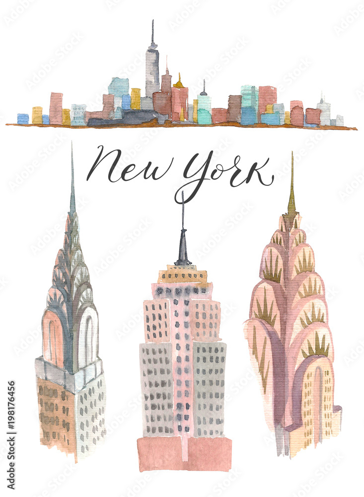 Fototapeta premium New York building Doodle set. American travel symbols in hand drawn sketch. Watercolor.