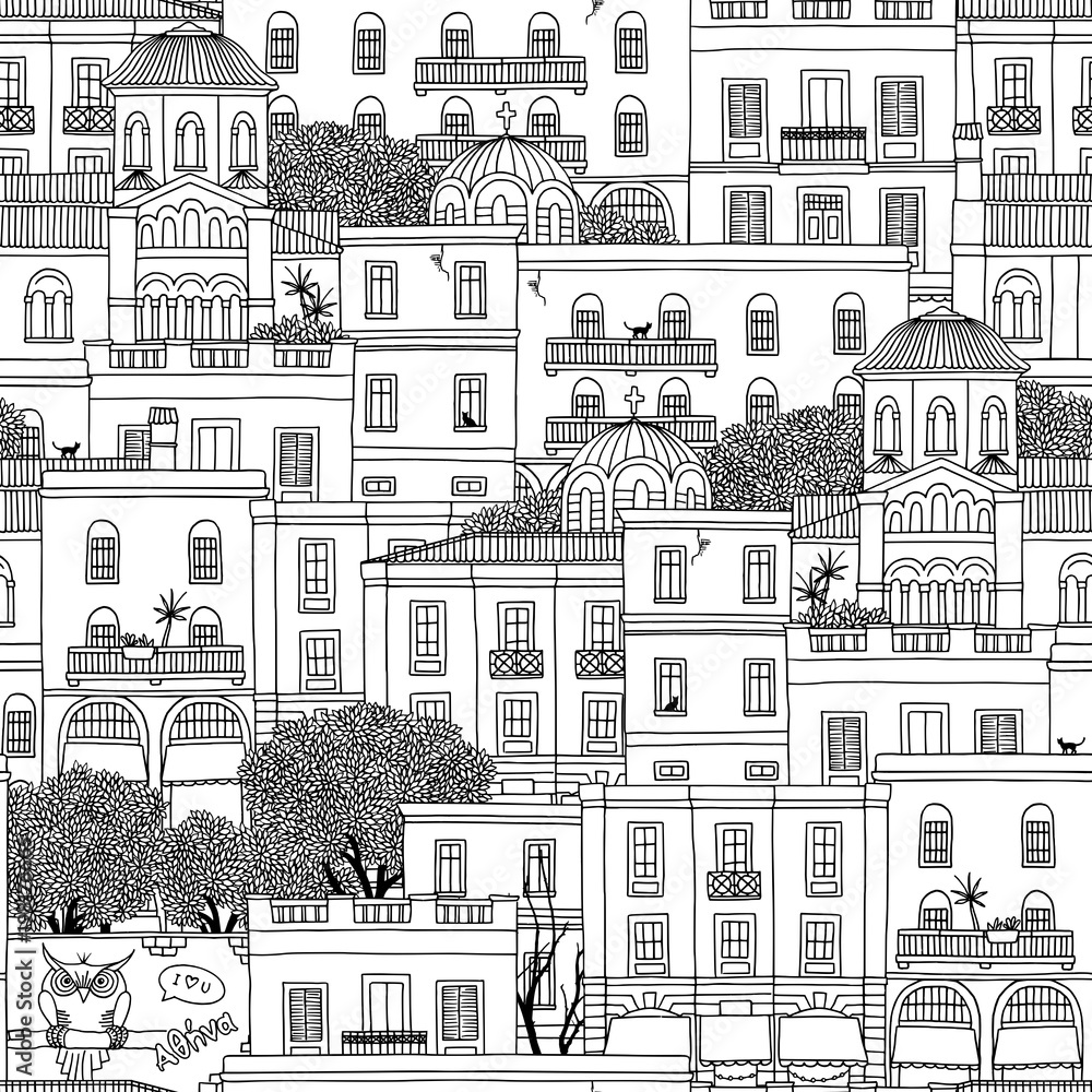 Hand drawn seamless pattern of houses in Athens, Greece