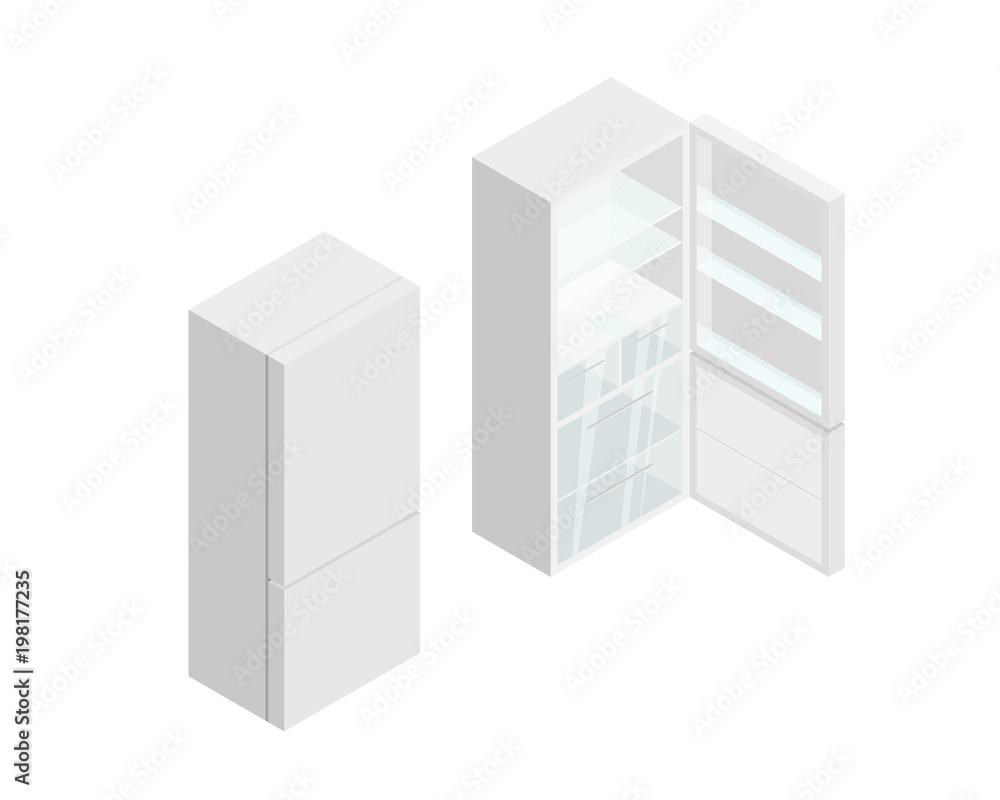Open and closed vector detailed isometric empty fridge. High quality isometric refrigerator mockup set for your design. Open and closed vector detailed isometric empty fridge. High quality isometric refrigerator mockup set for your design.