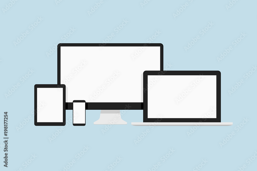 Realistic flat style vector digital device gadget mockup set. High quality smartphone, tablet, laptop and computer monitor flat icons with blank screens for your design. Realistic flat style vector digital device gadget mockup set. High quality smartphone, tablet, laptop and computer monitor flat icons with blank screens for your design.