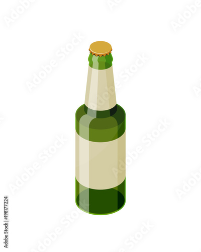 Green isometric beer bottle with blank label vector icon isolated on white background. Transparent glass beer bottle isometric design.