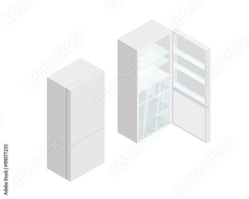 Open and closed vector detailed isometric empty fridge. High quality isometric refrigerator mockup set for your design.