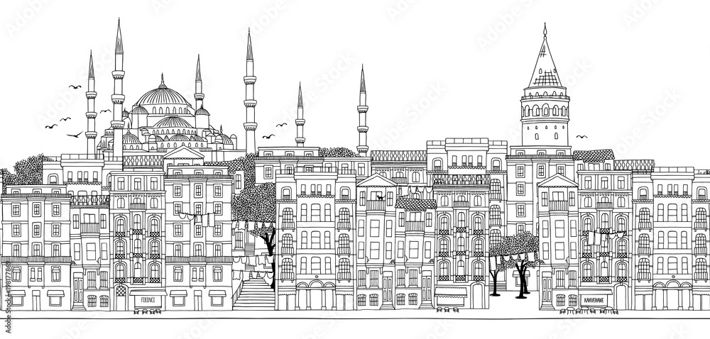 Fototapeta premium Istanbul, Turkey - Seamless banner of the city’s skyline, hand drawn black and white illustration 