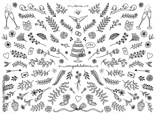 Hand sketched floral design elements for wedding cards, flowers and leaves for text decoration
