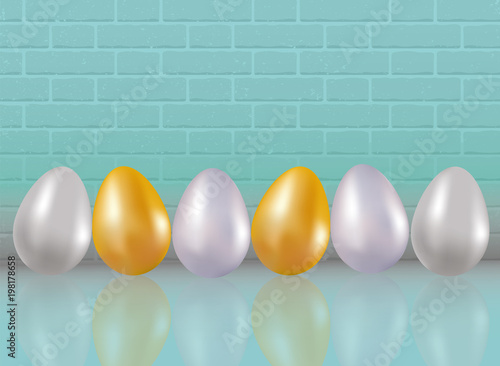 A six painted or dyed in metallic gold, silve, platinum colors chicken eggs on blue brick wall background with reflaction. Healthy food. Dietary meal. Easter symbol. Realistic 3d Vector illustration.