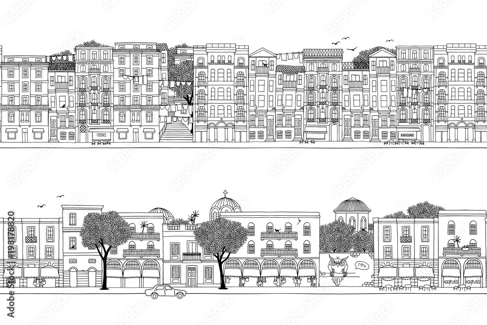 Two hand drawn seamless city banners - turkish and greek houses (Istanbul and Athens)