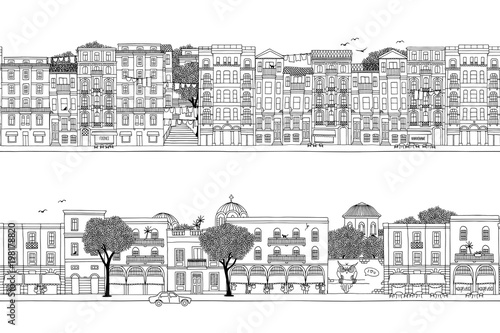 Two hand drawn seamless city banners - turkish and greek houses (Istanbul and Athens)