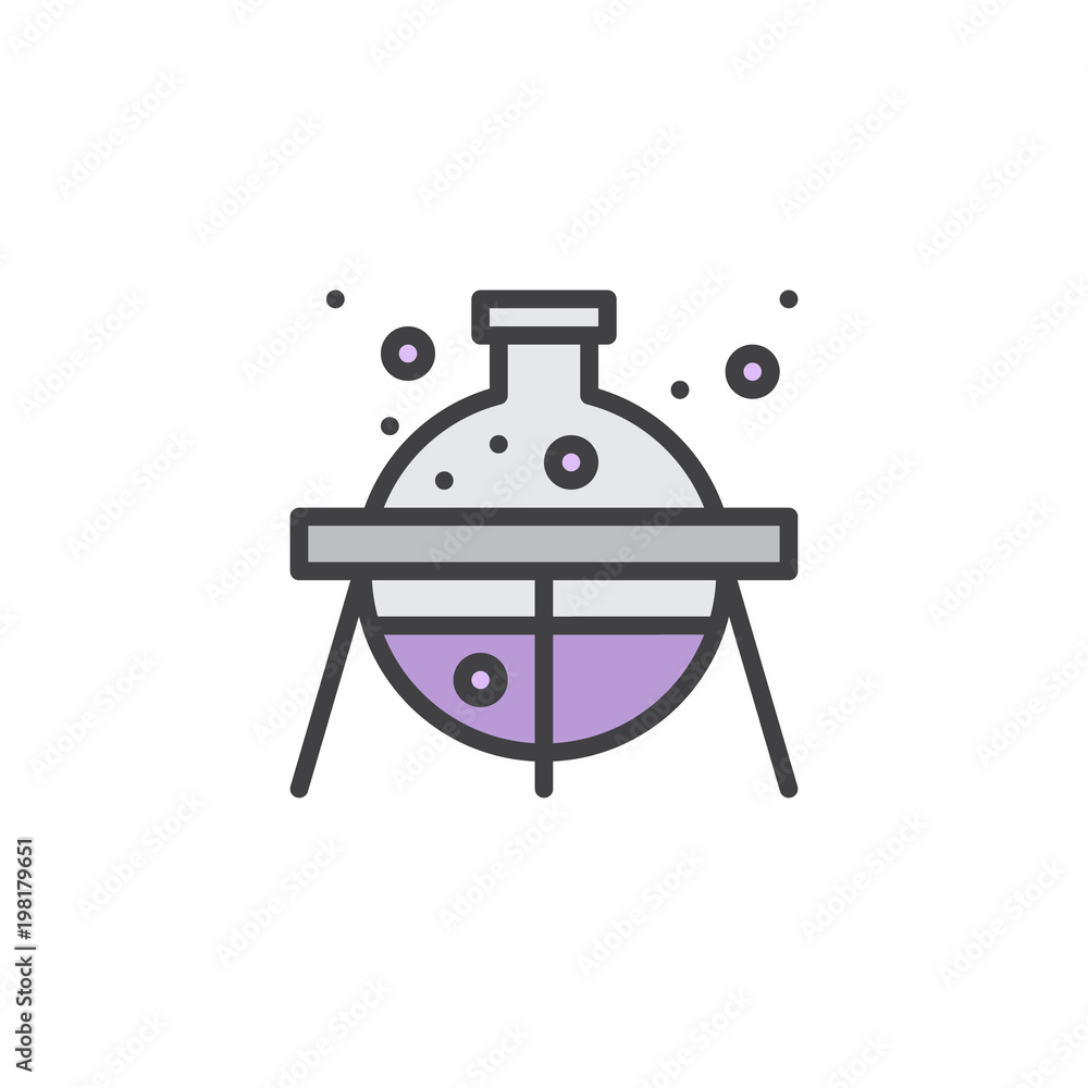 Laboratory flask with chemical fluid filled outline icon, line vector sign, linear colorful pictogram isolated on white. Chemical experiment symbol, logo illustration. Pixel perfect vector graphics Laboratory flask with chemical fluid filled outline icon, line vector sign, linear colorful pictogram isolated on white. Chemical experiment symbol, logo illustration. Pixel perfect vector graphics