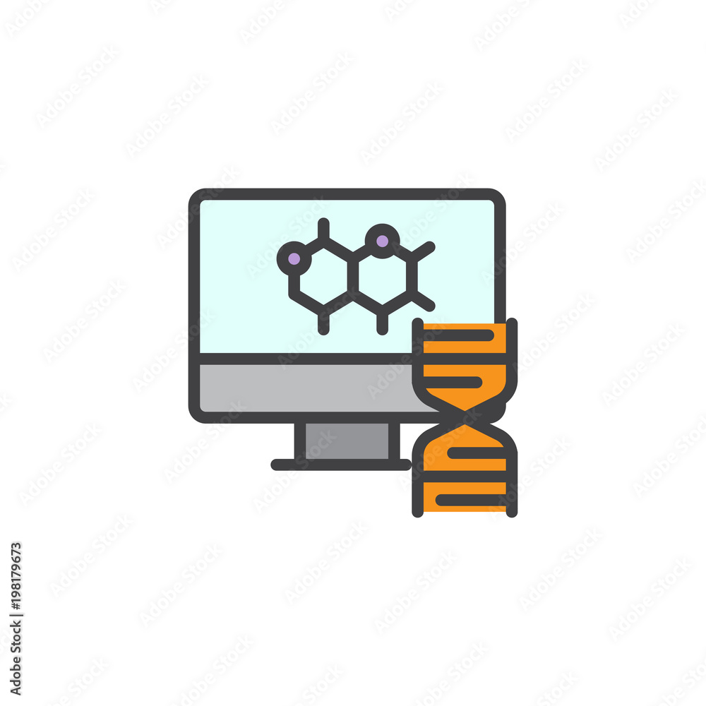 Computer monitor with molecule structure and DNA filled outline icon, line vector sign, linear colorful pictogram isolated on white. Chemistry science symbol, logo illustration. Computer monitor with molecule structure and DNA filled outline icon, line vector sign, linear colorful pictogram isolated on white. Chemistry science symbol, logo illustration.