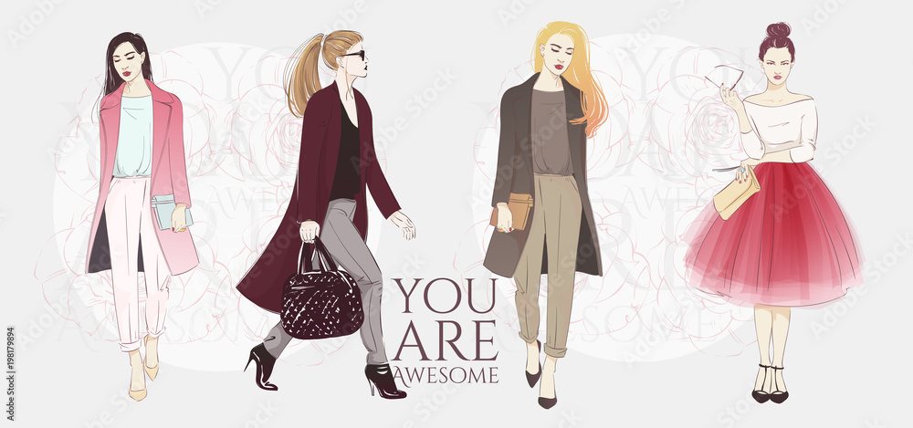 Φωτογραφία Beautiful hipster young long hair women in a fashion jackets, retro clothes and pants