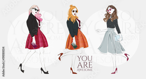 Beautiful young blonde women in a fashion retro clothes with bag on high heels. Vector hand drawn illustration.