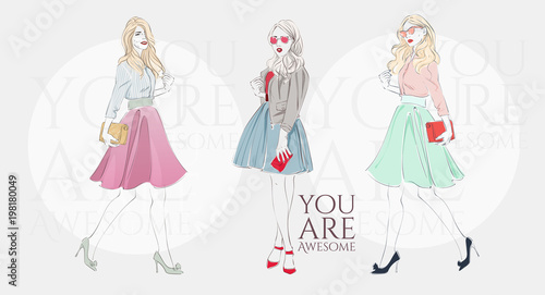 Beautiful young blonde women in a fashion retro clothes with bag on high heels. Vector hand drawn illustration.