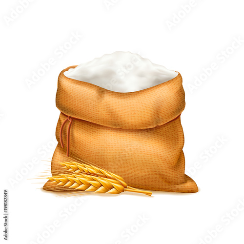 Vector realistic bag of flour with wheat ears isolated on white background. Heap of flour. Design element. Bread and harvest theme. Food and feed. 3d illustration.