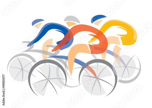 Road cycling competitors.
Three racing cyclists. Colorful stylized illustration. Vector available. 