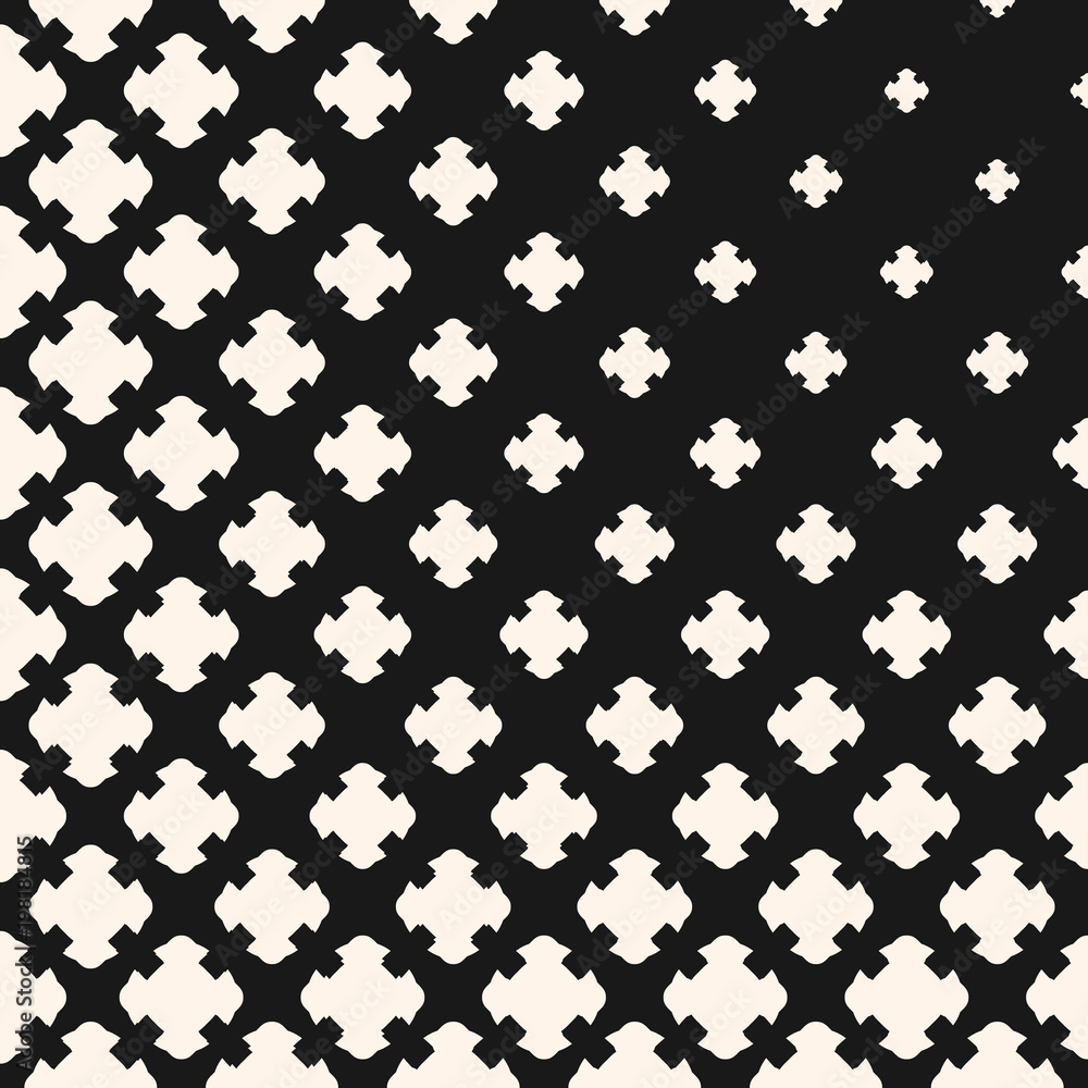 Vector halftone pattern with floral shapes, carved crosses. Monochrome texture with gradually transition effect in corner. Modern dark abstract background. Design element for prints, covers, decor Vector halftone pattern with floral shapes, carved crosses. Monochrome texture with gradually transition effect in corner. Modern dark abstract background. Design element for prints, covers, decor