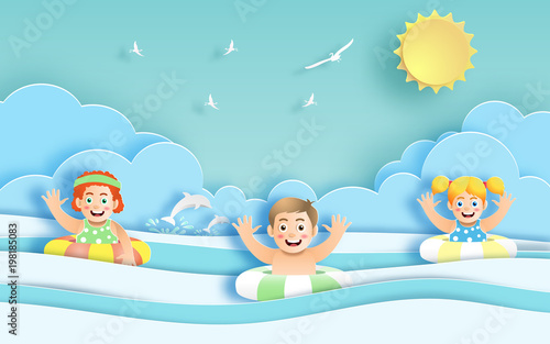 Paper art style of kids having fun at the beach on holiday, swimming in ocean, flat-style vector illustration.