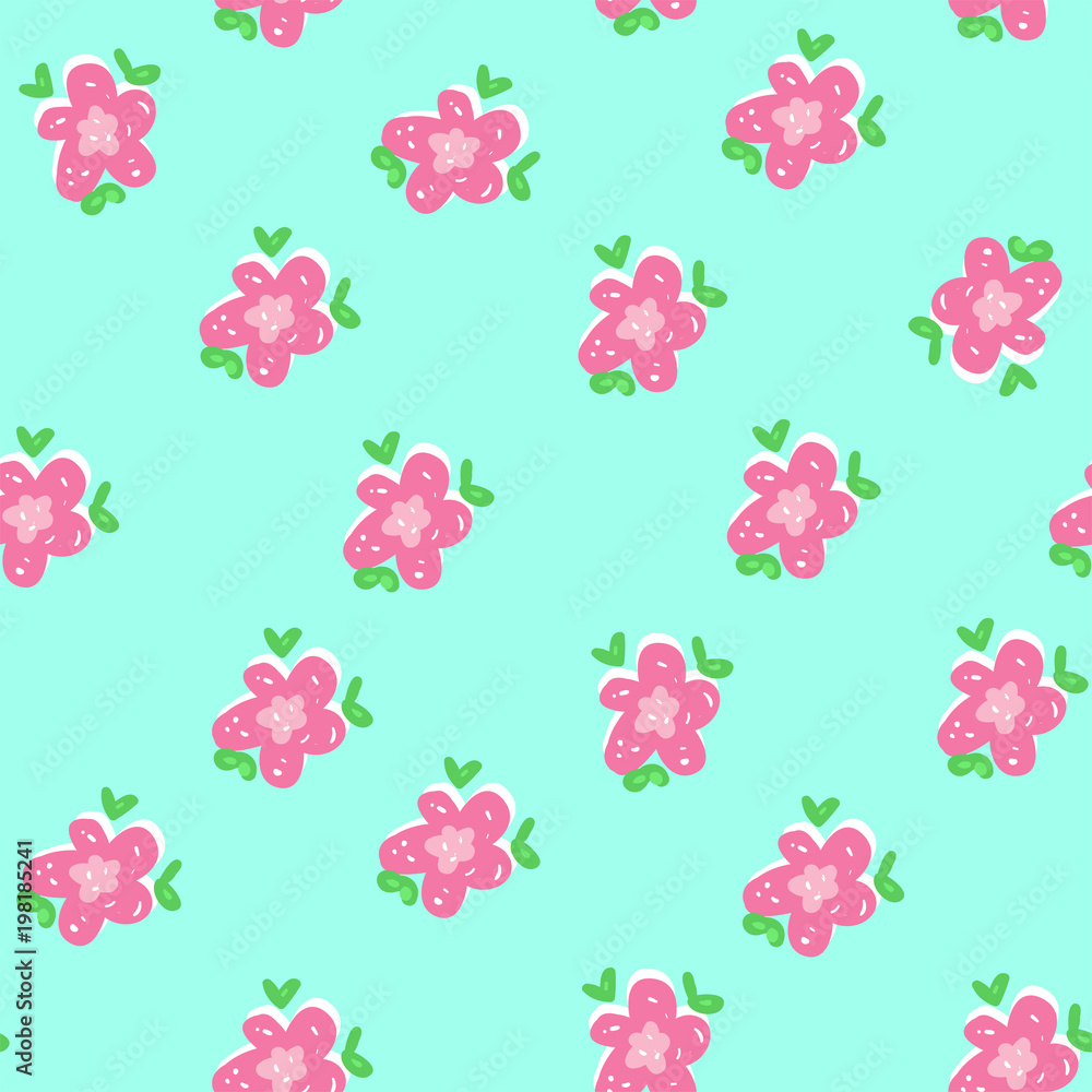 beautiful seamless pattern of pink roses with green leaves on a blue background