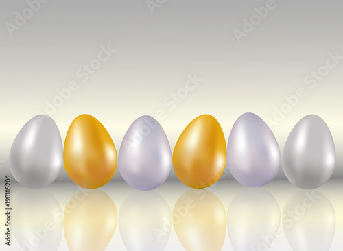 A six shining dyed in metallic gold, silve, platinum colors chicken eggs on light gray background with reflaction. Healthy food. Dietary meal. Easter symbol. Realistic 3d Vector illustration.