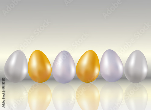 A six shining dyed in metallic gold, silve, platinum colors chicken eggs on light gray background with reflaction. Healthy food. Dietary meal. Easter symbol. Realistic 3d Vector illustration.