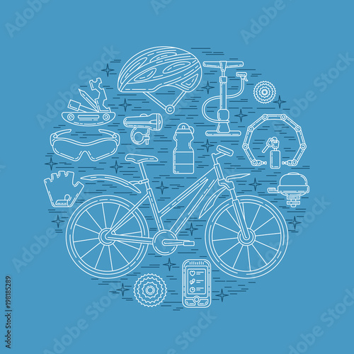 Creative round vector illustration of active lifestyle. Editable stroke design element. Perfect for sport club, bicycle rental and spare parts shop.