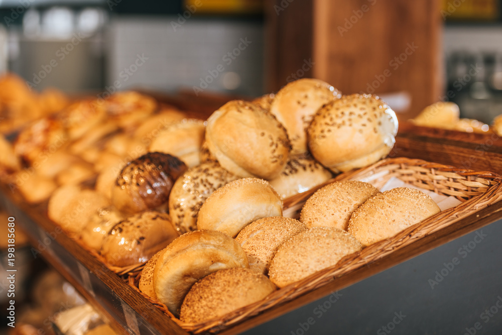 close up view of freshly baked bakery in hypermarket