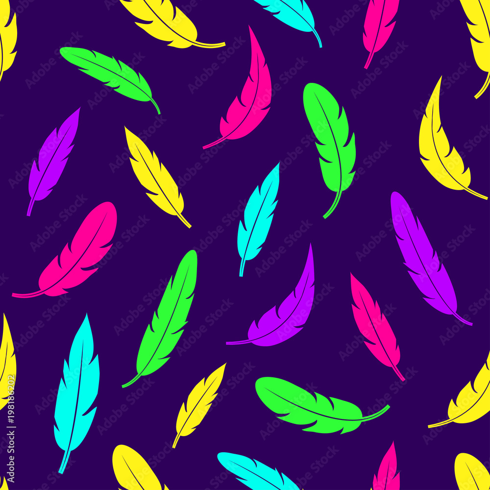 Seamless pattern with colorful feathers on dark purple background. Vector illustration Seamless pattern with colorful feathers on dark purple background. Vector illustration