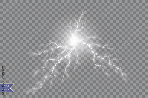 Set of the isolated realistic lightnings with transparency for design. Thunder-storm and lightnings. Magic and bright lighting effects. Natural effects