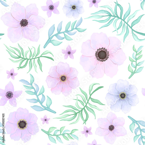 Vector Seamless Pattern of Flowers and Leaves in Pastel Colors