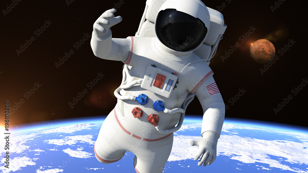 Naklejka premium Astronaut is flying over the North Pole and slowly closing. Astronaut pushing the boundaries of exploration.